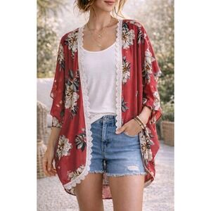 Umgee Red Floral Kimono Sz S/M Crochet Trim Boho Festival Open Front Cardigan